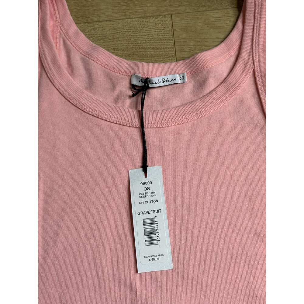 NWT Michael Stars cassie thin binded tank top 1x1 cotton pink grapefruit sz OS - Picture 3 of 7